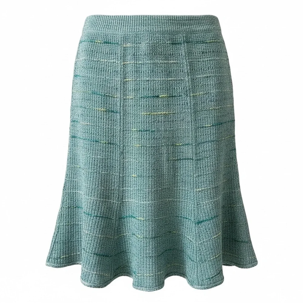 ST JOHN Collection Vintage Teal Blue Textured Knit Flared Midi Skirt Size 0 USA